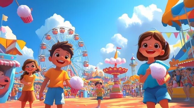 Cartoon kids enjoying a summer festival with rides cotton candy and games