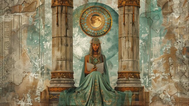 Symbolism Art Style of Tarot Card of the High Priestess, Mystical High Priestess in Ancient Temple - Symbolism Art Depicting Spiritual Wisdom and Mystical Knowledge