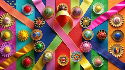 Obraz premium Colorful abstract composition with ribbons and 3D ornaments.