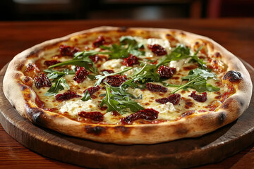 Fresh arugula sun-dried tomato pizza on wooden board