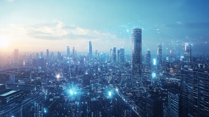 A futuristic cityscape with buildings constructed from intelligent materials and interconnected networks