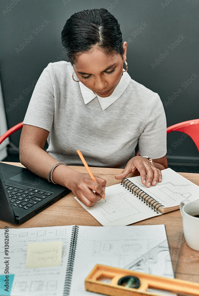Poster Notes, architecture and woman at desk with planning, laptop and project management in creative development. Writing, notebook and designer in office for ideas, civil engineering and blueprint drawing