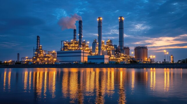 Power plant illuminated at dusk, showing the vital infrastructure supporting energy generation. --ar 16:9 --v 6.1 Job ID: b9126c58-0aad-4c83-9843-009eb8198a27