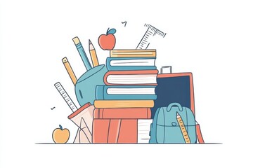 A stack of books, surrounded by a pencil, a ruler, an apple, a desk, a blackboard, and a backpack.