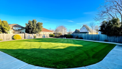 Fototapeta premium nice open empty backyard with green grass blue sky no trees 