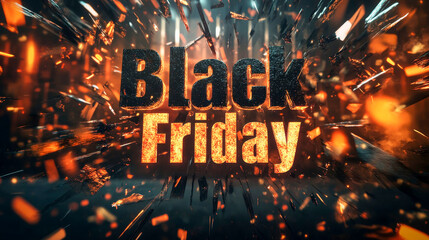 Black friday 3d text bursting with orange particles against a dark backdrop to promote sales and marketing