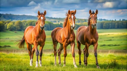 Obraz premium Group of three young horses on the pasture 