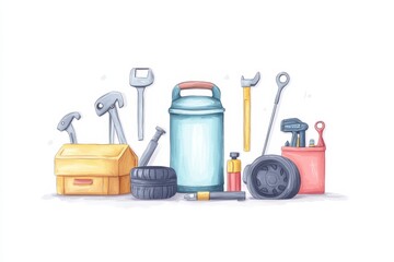 An oil can, surrounded by a wrench, a car tire, a car jack, a toolbox, a battery, and a spark plug.