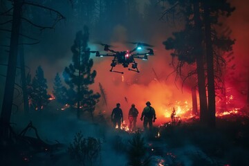 Rescue workers using thermal imaging cameras and drones to search for survivors in a forest fire aftermath