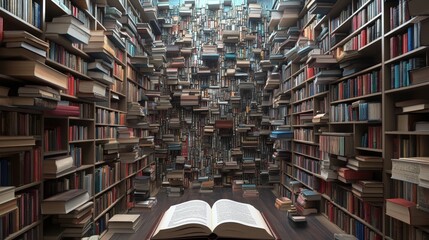 Bookshelves turning into a cityscape of knowledge, literacy, urban education