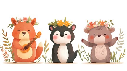 Naklejka premium Cartoon animals enjoying a spring festival with flower crowns music and dancing