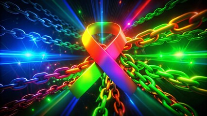 Colorful chains and ribbon intersecting, glowing with light.