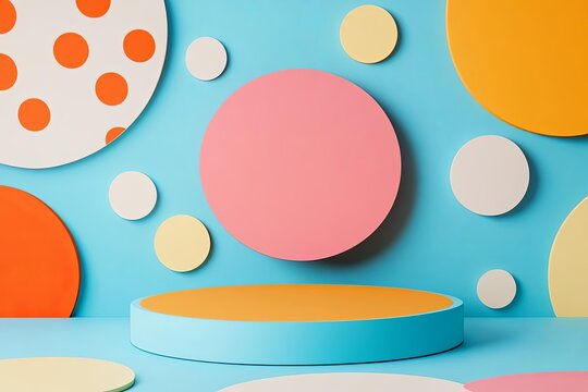 3D podium with a whimsical, colorful pattern backdrop, 3D background podium, playful and creative