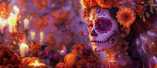 A woman dressed for Day of the Dead with elaborate face paint and floral decorations, surrounded by vibrant orange and purple flowers and candles in a festive, colorful setting.

