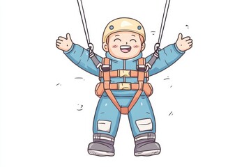 Doodle of a person and a safety harness attached to a bungee cord, simple illustration, cute design, centered composition, pastel colors, white background