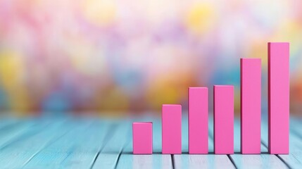 Pink bar graph with upward trends on a vibrant, blurry background, highlighting business growth and financial analytics