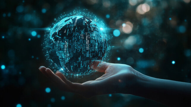 Businessman holding a digital globe with binary code, symbolizing global technology and innovation