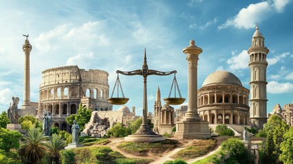 Fototapeta premium Collage of global monuments forming a justice scale, world heritage and justice, cultural integration in law