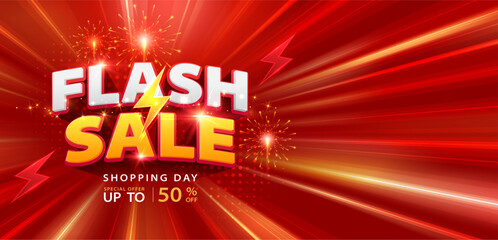 Flash sale banner with sparkling neon lights. Vector illustration for shopping day promotion, online shopping, special Offer coupon, voucher, banner template, websites, social media advertising.