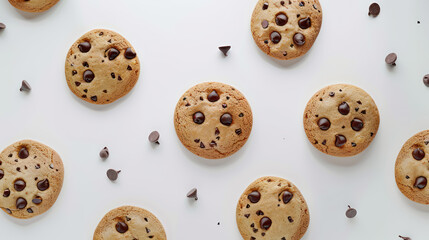 Obraz premium A close-up image of chocolate chip cookies and chocolate chips on a white background.