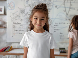 A young girl with long brown hair is smiling in a white shirt against a blurred background of a classroom.