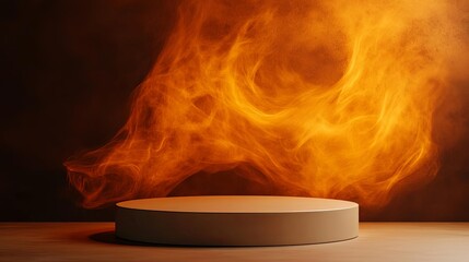 Fototapeta premium A circular platform emits vibrant flames, creating a dramatic and fiery atmosphere suitable for product showcases or artistic displays.