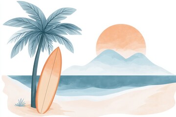 Doodle of a surfboard leaning against a palm tree on the beach, simple illustration, cute design, centered composition, pastel colors, white background