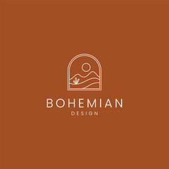 desert with moon in frame in bohemian line art logo design style