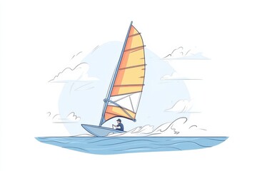 Fototapeta premium Doodle of a windsurfing scene with a bright sail and gentle waves, simple illustration, cute design, centered composition, pastel colors, white background.
