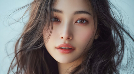 Fototapeta premium Gorgeous asian woman with stunning long brown hair posing for a beauty portrait