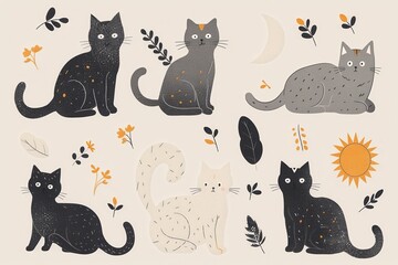 small simple clipart set of British shorthair cat beige and dark amber, rounded corner, feminine sticker art, doodles, simple lines
