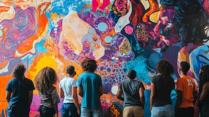 Diverse group of people collaborating on a large mural, community, unity in artistic expression