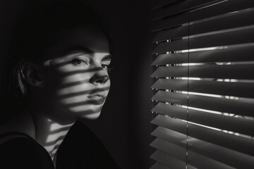 young woman in the window with shade shadows covering her face