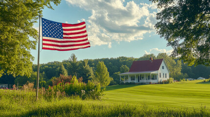 Picturesque farmhouse in rural america proudly displaying the american flag on a sunny day, evoking patriotism and the american dream