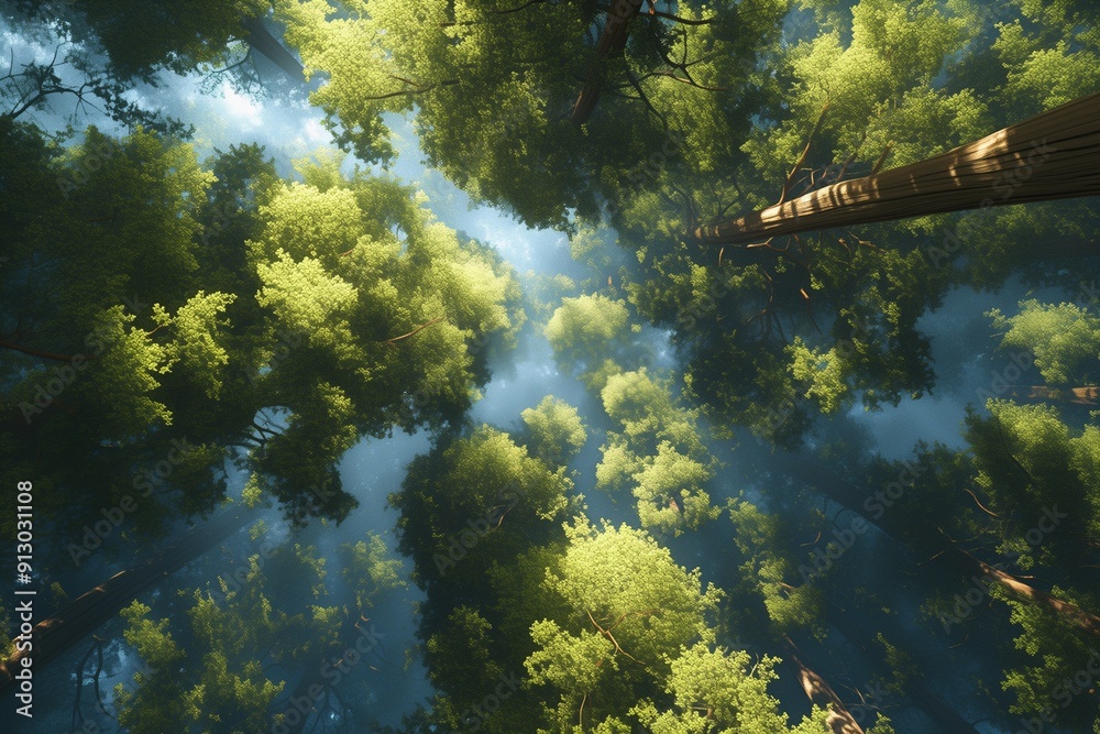 Wall mural lush green trees from below view