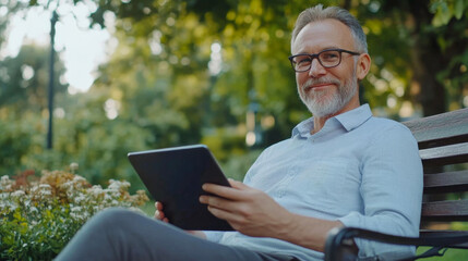 Businessman working remotely on his tablet enjoys a sunny day in the park