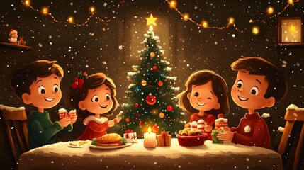 Cartoon family enjoying a Christmas Eve gathering with a decorated tree presents and festive foods