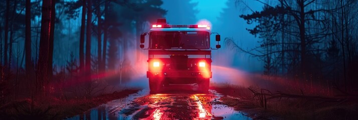 Fire engine with red flashing lights at nightfall