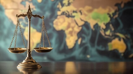 Global scale of justice with balanced scales over a map, justice worldwide, concept of fairness and equality