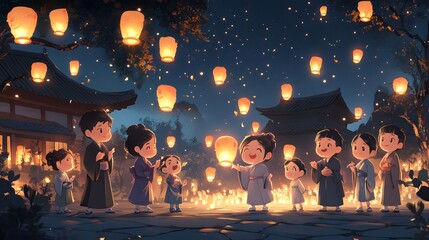 Cartoon characters participating in a Bon Festival with dancing lanterns and offerings to ancestors