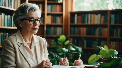 Woman Sitting at Table With Book and Pen