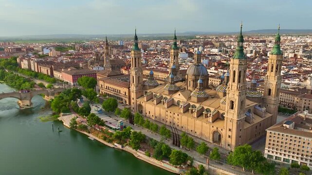 Travel in Zaragoza, aerial view of Cathedral of Our Lady of the Pillar in the city of Zaragoza, Spanish landmark in Zaragoza Catedral-Basilica de Nuestra Senora del Pilar, tourism in Aragon, Spain. 