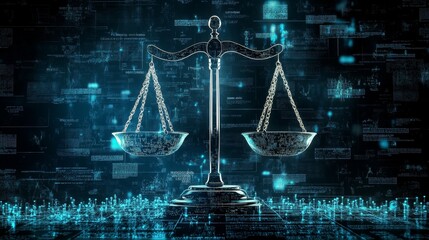 Justice scales against a backdrop of legal codes and symbols, justice, detailed
