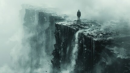 Obraz premium A lone figure stands on a cliff edge overlooking a vast, foggy landscape.