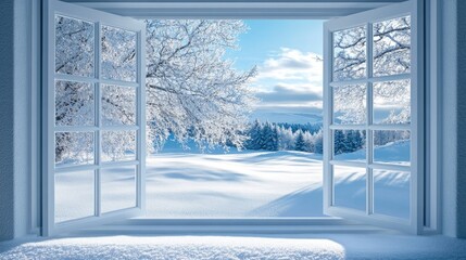 Window view of a pristine, snow-covered landscape, illustrating the calm and beauty of winter.