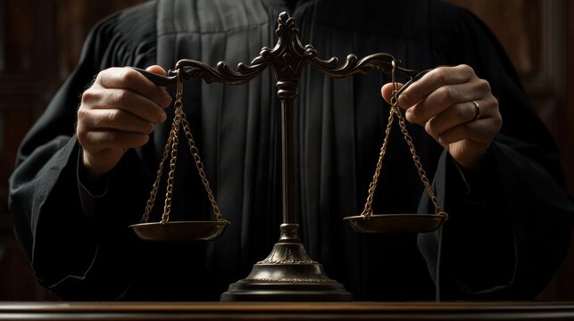 Modern judge holding scales of justice in courtroom, fairness, authority, legal system