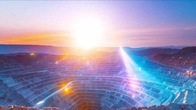 Animation of a large open-pit mine at sunset. The sky is ablaze with vibrant colors.
