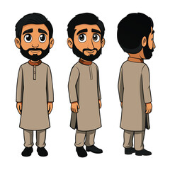 Asian Indian Pakistan Arab 2D Man Character Front View, Side, Back View Wear Shalwar Kameez 