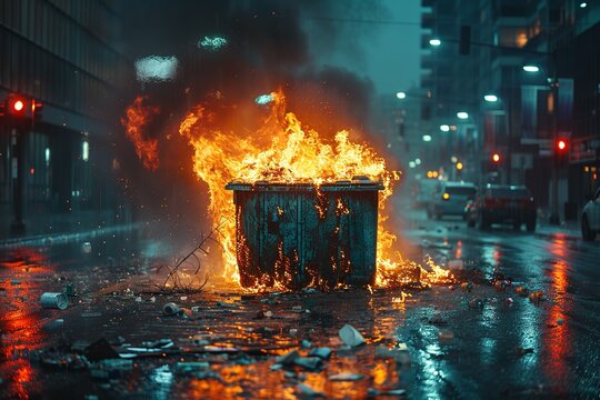 Urban street engulfed in flames from a dumpster fire disaster.