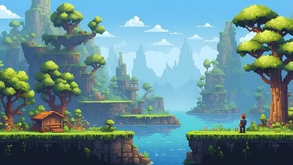 Game assets background RPG Gaming Battle Scene Beautiful day in Pixel 8bits 16bits 32 bits